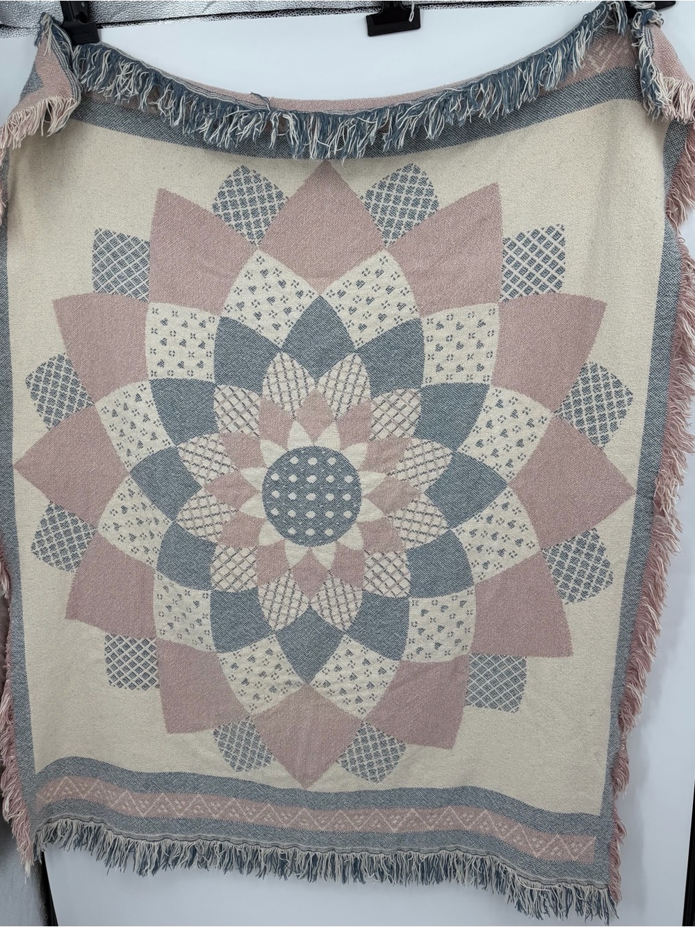 Woven Throw Blanket Blush Pink Blue Medallion Starburst Fringe Grandmillennial